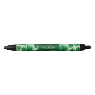 Stylo Noir Feuilles de palmier Monstera vert tropical & nom p