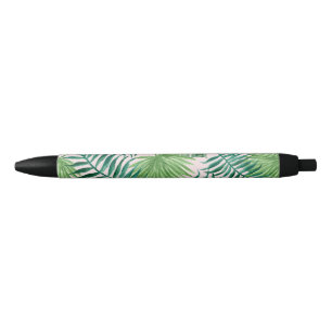 Stylo Noir Feuilles de Palmiers Tropicaux sur Fond Rose Tendr