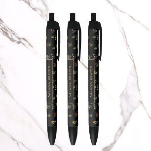 Stylo Noir Fleur sauvage Vintage noir Floral & Gold Nom
