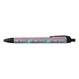Stylo Noir Fleurs Bleues Rouges En Dentelle
