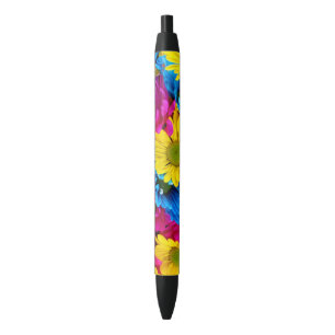 Stylo Noir Fleurs colorées, marguerites - Rose Jaune Bleu