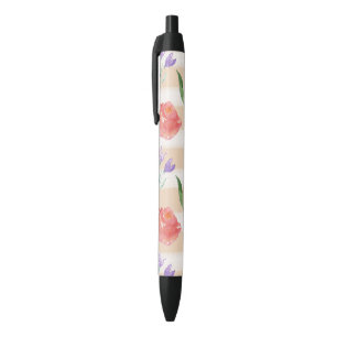 Stylo Noir Fleurs crèmes d'aquarelle de rayures de pêche