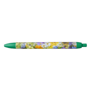 Stylo Noir Fleurs de marguerite, de primevère, de jonquille