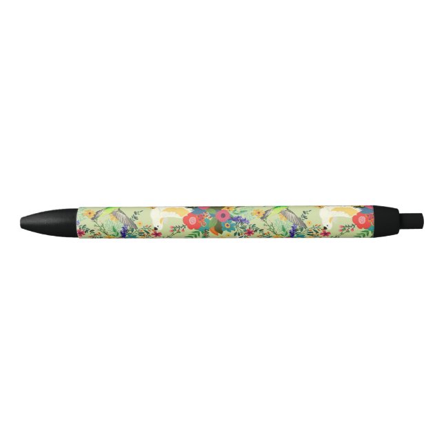 Stylo Noir Fleurs de perroquets tropicaux de la Jungle d'été (Devant)