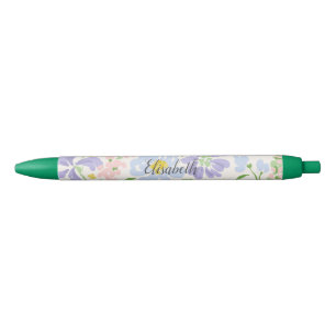 Stylo Noir Fleurs de pivoine à l'aquarelle élégante Monogramm