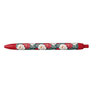 Stylo Noir Fleurs de pivoine rouges et blanches 