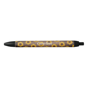 Stylo Noir Fleurs de soleil rustiques sur bois Nom personnali