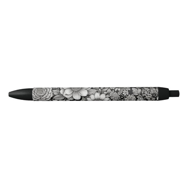Stylo Noir Fleurs et feuilles noirs et blancs (Devant)
