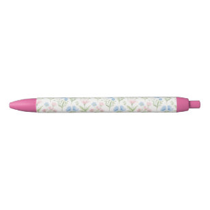 Stylo Noir Fleurs grandmillénaires roses et bleues