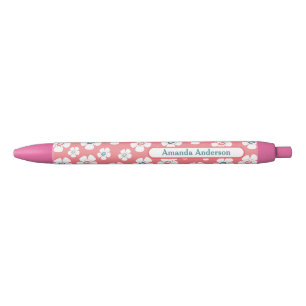 Stylo Noir Fleurs jolies marguerites personnalisées