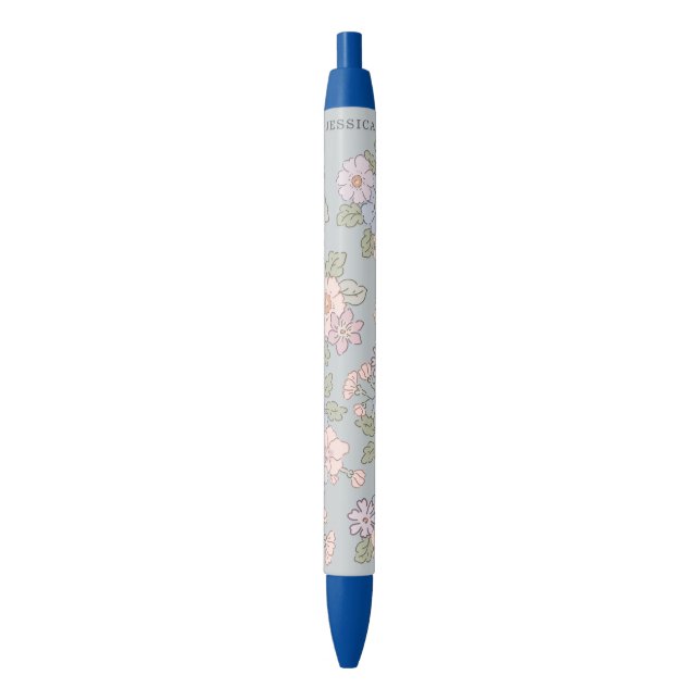 Stylo Noir Fleurs pastel sur l'arrière - plan bleu clair (devant Vertical)