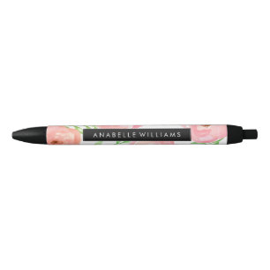 Stylo Noir Fleurs roses d'aquarelle