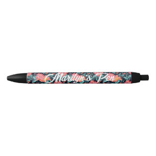 Stylo Noir Fleurs roses et coraux Personnalisées