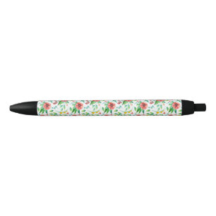 Stylo Noir Fleurs roses peintes à la main Motif Floral-23498