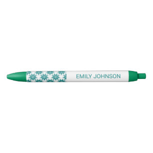 Stylo Noir fleurs turquoises nom personnalisé blanc