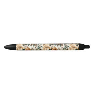 Stylo Noir Fleurs vintages d'ivoire, Motif Rose multicolore