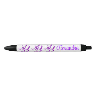 Stylo Noir Fleurs Violettes Abstraites Nom Personnalisé