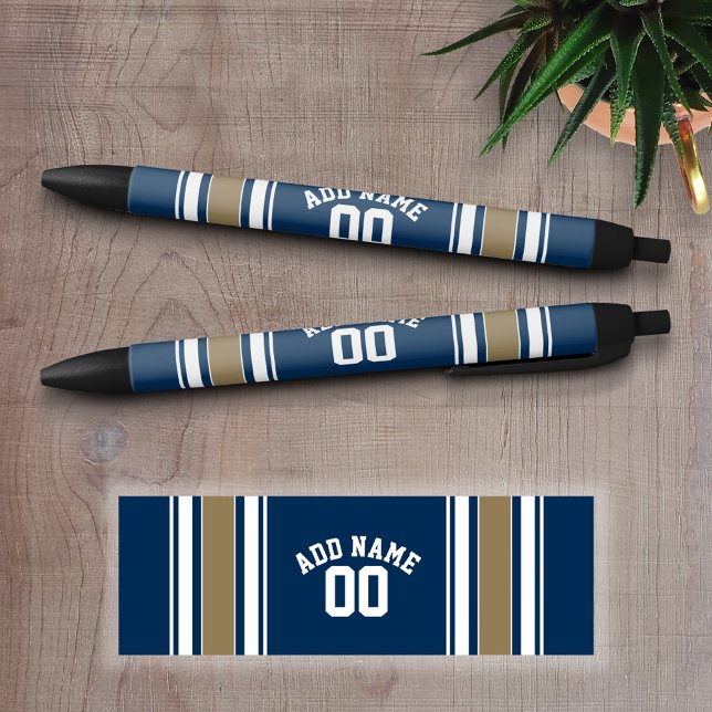 Stylo Noir Football Jersey Navy Blue Gold Stripes Nom Numéro (Personalized Writing Pens - add your name, monogram or other text)