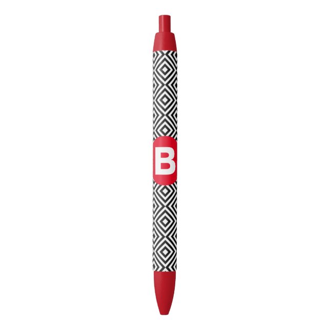 Stylo Noir Geometric Black and White Pattern Red Monogram (devant Vertical)