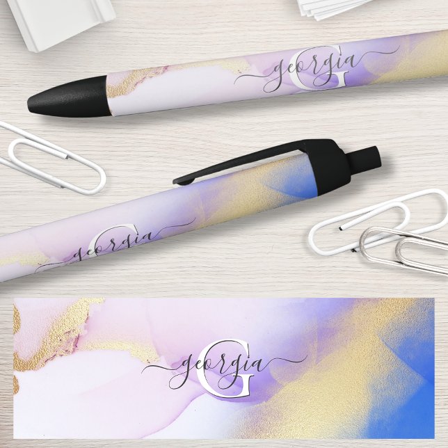 Stylo Noir Glam Lilac Gold Abstrait Peinture Élégant Monogram (Créateur téléchargé)
