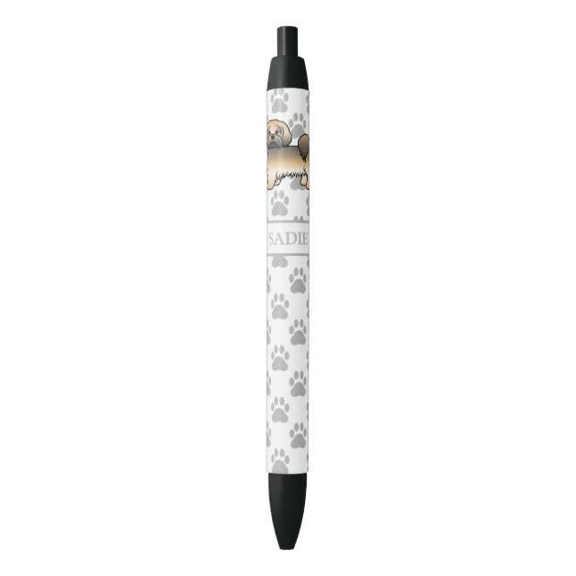 Stylo Noir Gold Sable Lhasa Apso Cartoon Chien & Nom (devant Vertical)