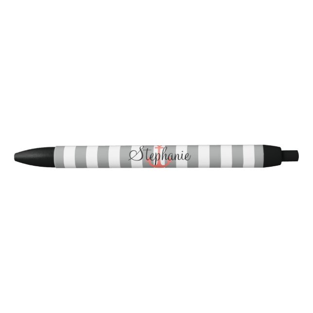 Stylo Noir Gris et blanc avec corail Ancre nautique (Devant)