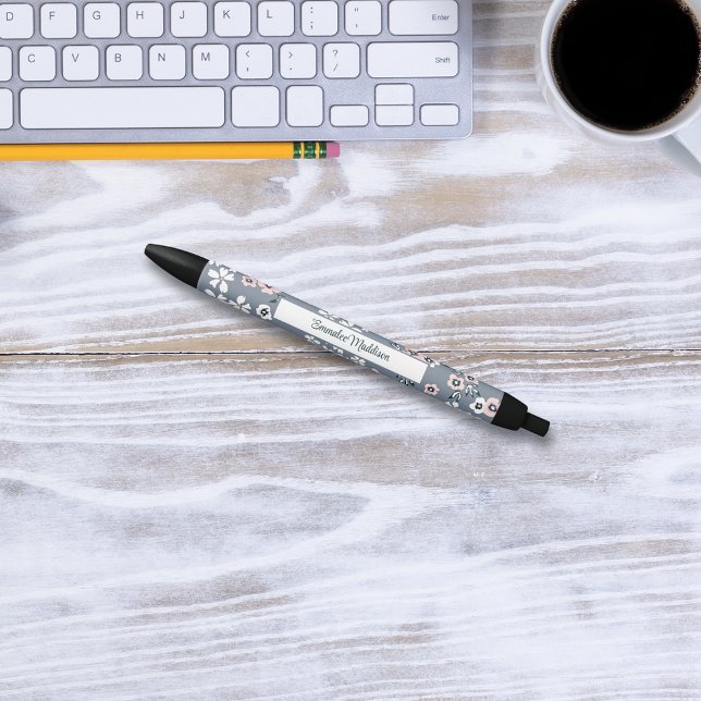 Stylo Noir Gris rose blanc Bohème Floral Ditsy Monogramme (Créateur téléchargé)