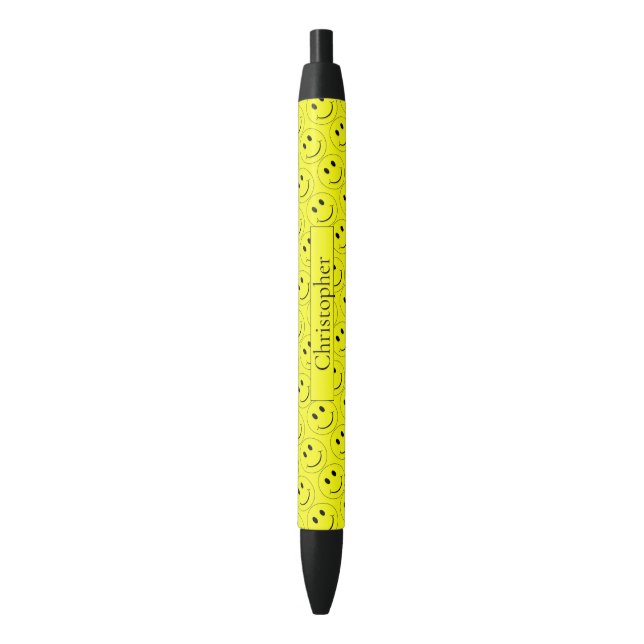Stylo Noir Happy Faces Yellow Fun Ajouter un nom (devant Vertical)