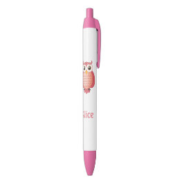Stylo Noir Hibou rose mignon avec le nom