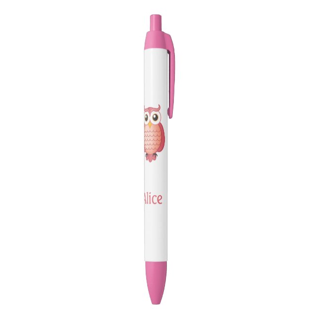 Stylo Noir Hibou rose mignon avec le nom (Bas (Vertical))