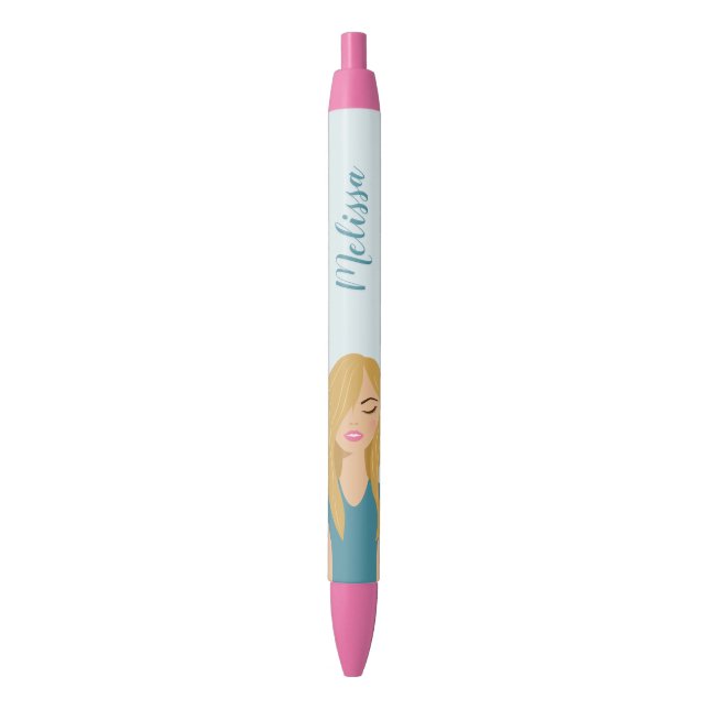 Stylo Noir Illustration De Fille Blonde Avec Nom Personnalisé (devant Vertical)