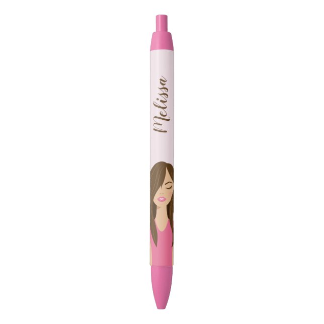 Stylo Noir Image De Fille Belle Brunette Avec Nom Personnalis (devant Vertical)