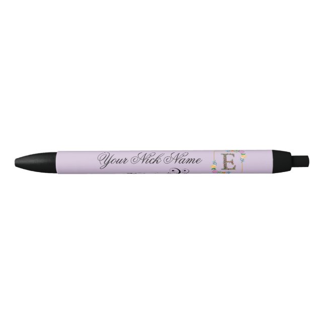 Stylo Noir Initiale florale élégante E (Devant)