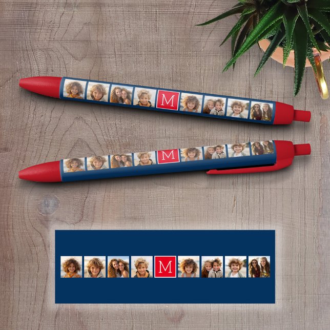 Stylo Noir Instagram Photo Collage Monogrammes - Bleu et Roug (Custom Pen - Personalize this writing pen with photos, your name, monogram or other text)