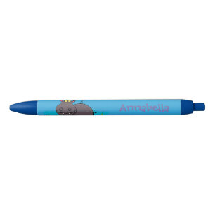Stylo Noir Ippopotame drôle mignon avec dessin animé d'oiseau