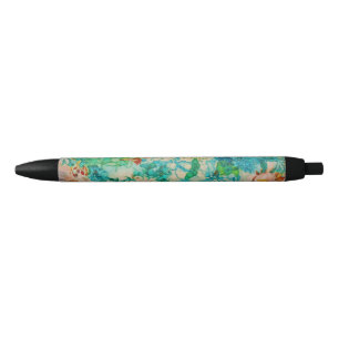 Stylo Noir Jardin botanique d'été vert Vintage Fleurs Roses