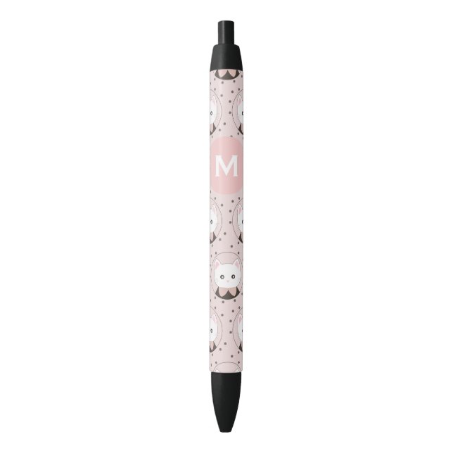 Stylo Noir Joli Chat Face Rose Dotty Motif Monogramme (devant Vertical)