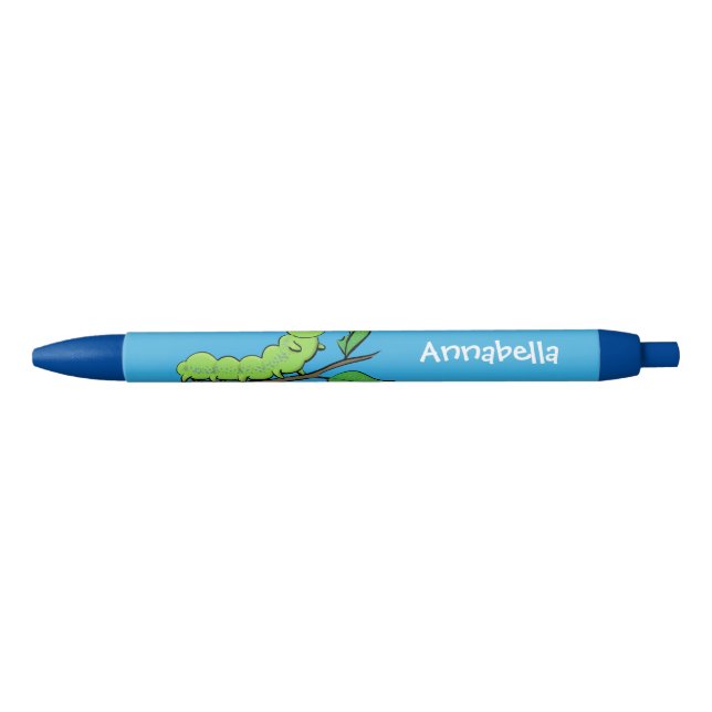 Stylo Noir Joli dessin animé de chenille verte mignonne (Devant)