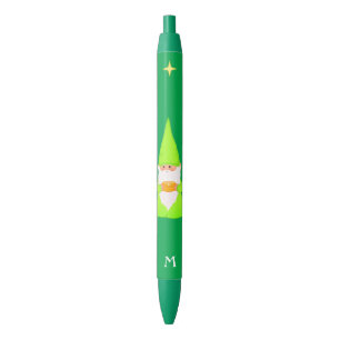 Stylo Noir Joli gnome tenant un cadeau et monogramme sur fond
