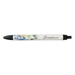 Stylo Noir Joli nom personnalisé floral aquarelle