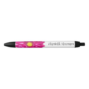 Stylo Noir Joli rose fleur marguerite nom personnalisé