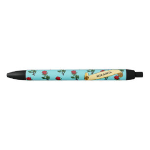 Stylo Noir Jolie Rose rouge & Ruban Ajouter votre nom 80s Ret