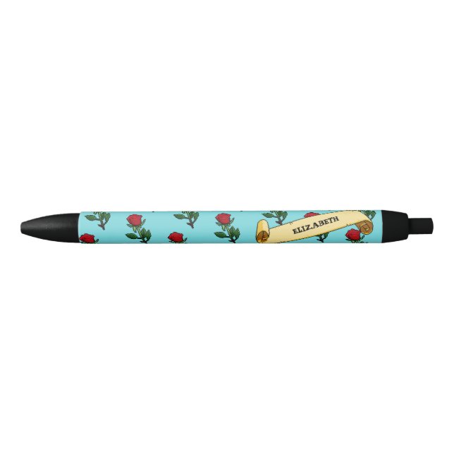Stylo Noir Jolie Rose rouge & Ruban Ajouter votre nom 80s Ret (Devant)