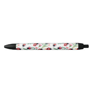 Stylo Noir Jolies coccinelles et motif de fleurs blanc