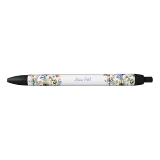 Stylo Noir Jolies fleurs sauvages à l'aquarelle | votre nom