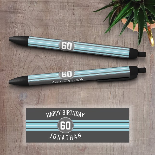 Stylo Noir Joyeux Anniversaire Sports Jersey Stripes Nom et â (Personalized Writing Pens - add your name, monogram or other text)