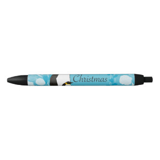Stylo Noir joyeux noël, noël,pingouin,fleurs,bleu,