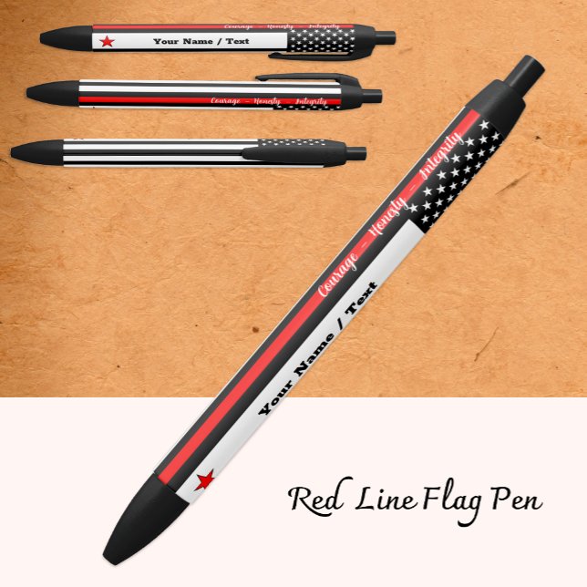 Stylo Noir Ligne Rouge Fine, Drapeau Américain, Pompiers Pers (Créateur téléchargé)