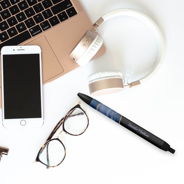 Stylo Noir Marbre d'or marbré bleu marine (Créateur téléchargé)