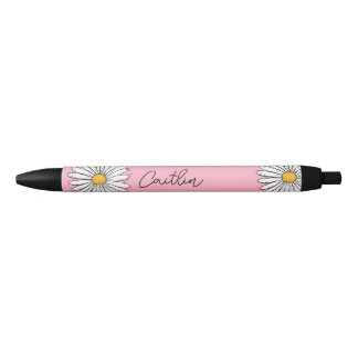 Stylo Noir Marguerite lunaire jaune et blanc avec texte perso
